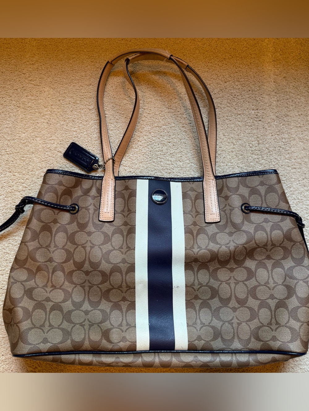 Coach Brown Signature Tote with Cream and Dark Brown Stripes